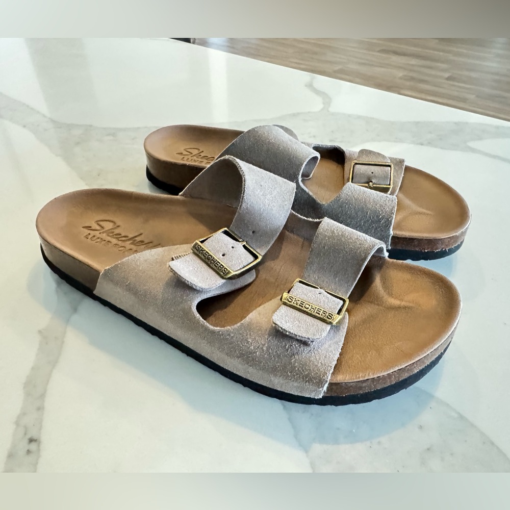 Skechers Granola Luxe Foam Dual Strap Slide Sandals. Women’s size 6. Taupe - Picture 3 of 16